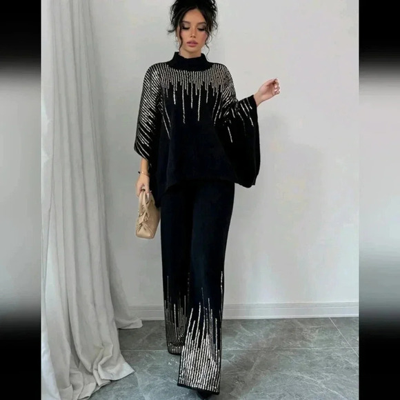 Women's Sequin Patchwork Batwing Sleeve Sweater And Knitted Pants Loose Suit - Picture 4 of 6